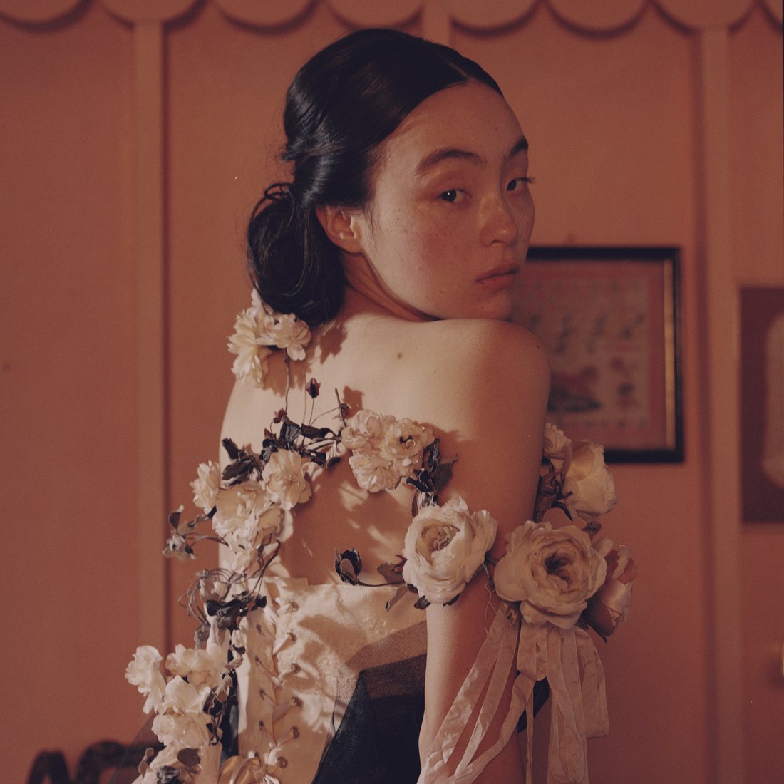 A floral-appliqued gown
